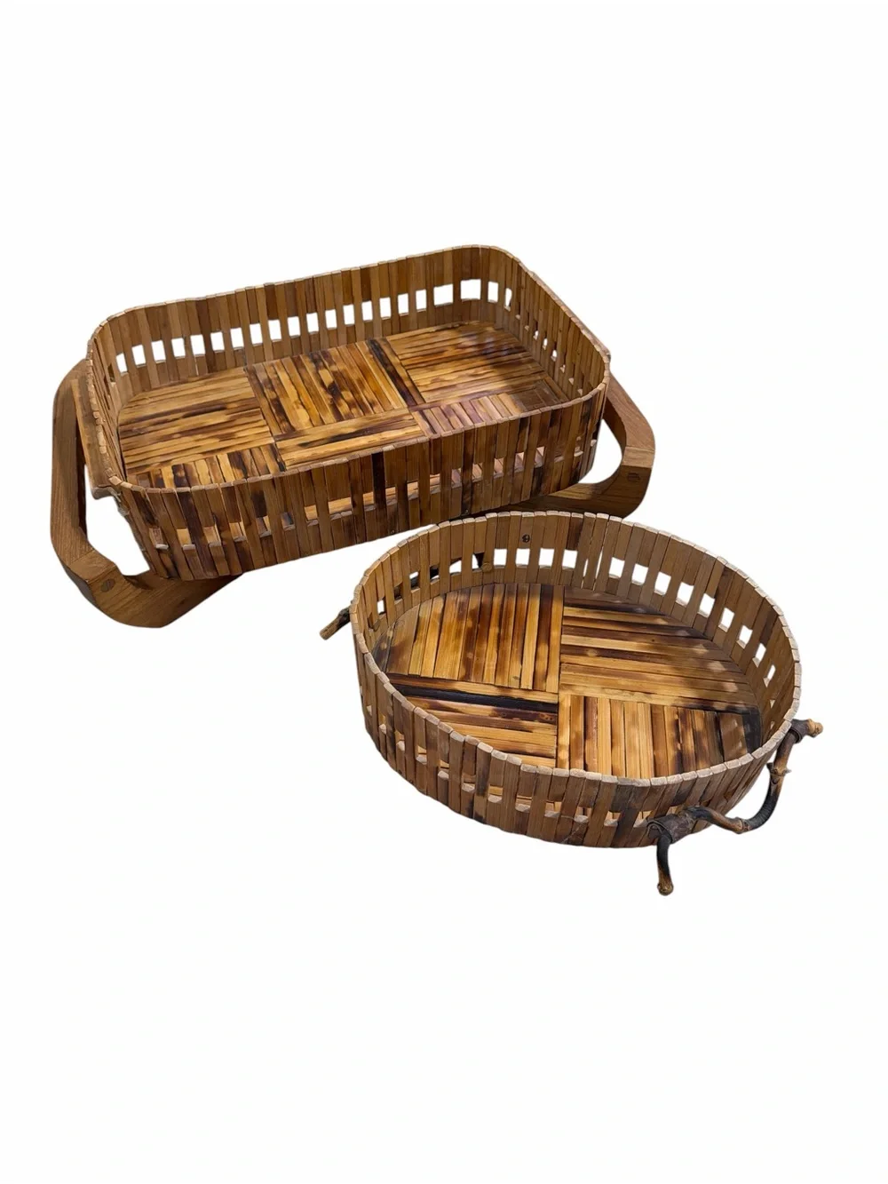 Vintage Gailstyn-Sutton Teak Wood Serving Basket Tray Set Thailand MCM Boho